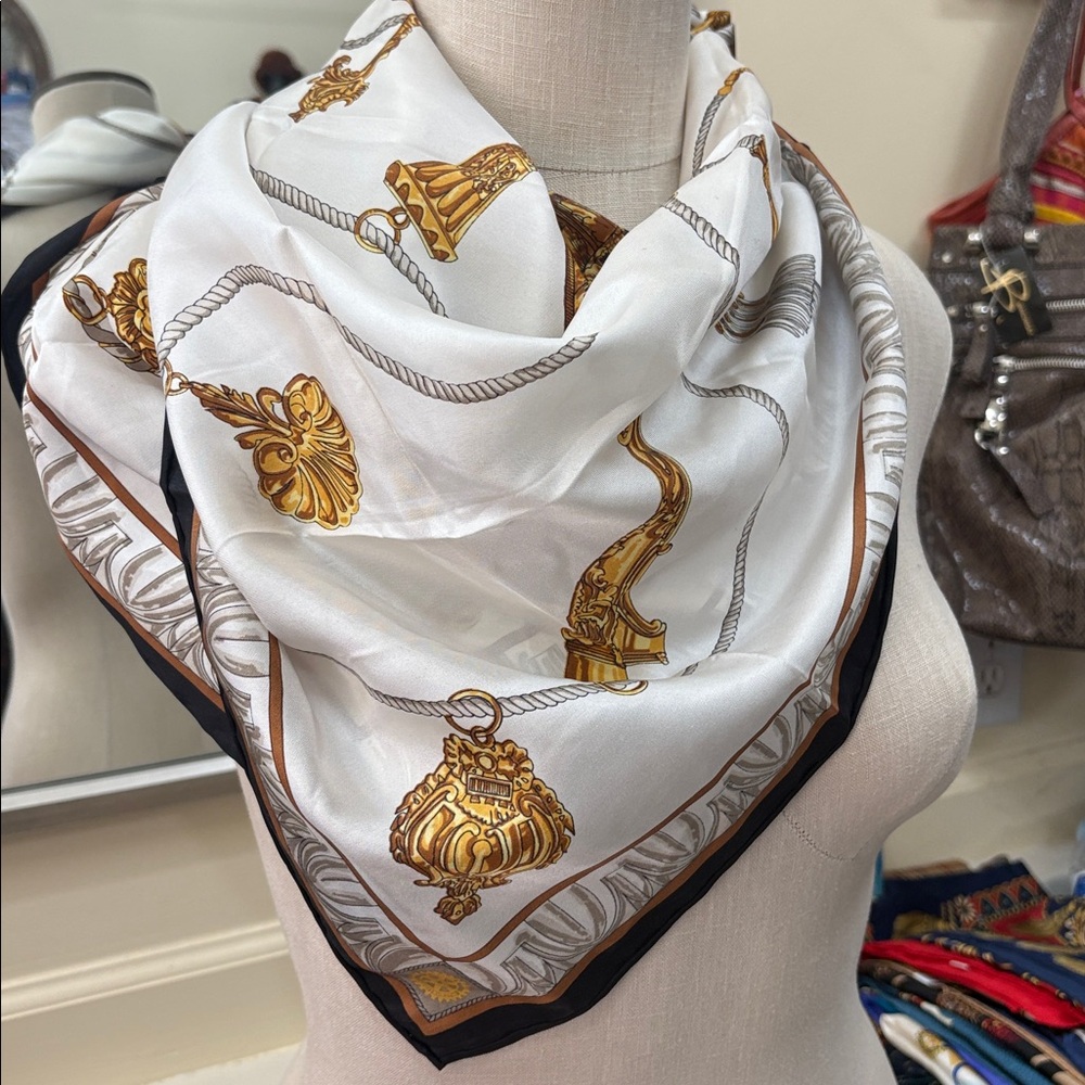 Russell-Hampton Co. Serving Rotarians Printed Silk Scarf in Ivory, Gold, Gray